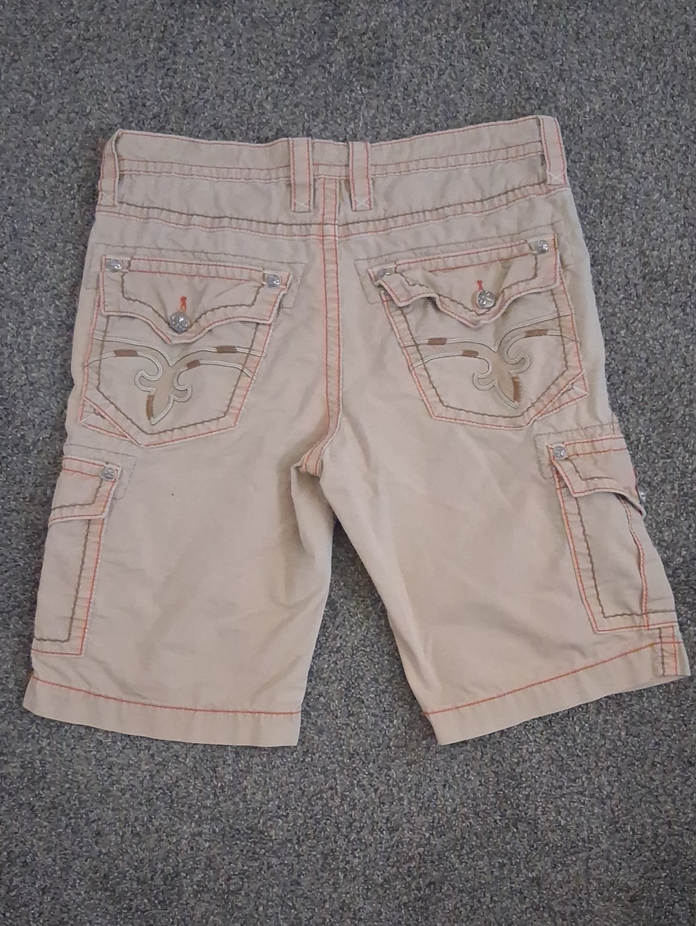 Men’s Y2K Rock Revival Cargo Shorts 34 Tan/ Orabge Thick Stitch